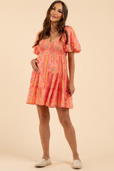 Pink Floral Smocked V-Neck Short Puff Sleeve Maternity Dress