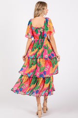 Fuchsia Leaf Print Side Cutout Tiered Midi Dress
