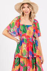 Fuchsia Leaf Print Side Cutout Tiered Midi Dress