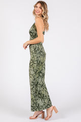 Olive Satin Floral Lace V-Neck Cut Out Back Midi Dress