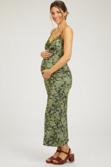 Olive Satin Floral Lace V-Neck Cut Out Back Maternity Midi Dress