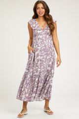 Lavender Floral Ruffle Maternity Midi Dress