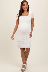 Ivory Crochet Square Neck Short Sleeve Maternity Dress