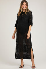 Black Open Knit Front Tie Side Slit Midi Maternity Swim Cover Up