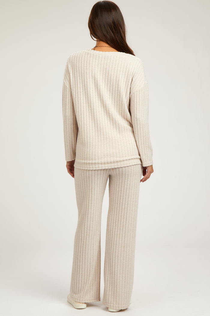 Cream Ribbed Soft Knit Long Sleeve Maternity Pajama Set