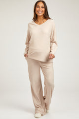 Taupe Ribbed Soft Knit Long Sleeve Maternity Pajama Set