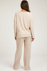 Taupe Ribbed Soft Knit Long Sleeve Maternity Pajama Set