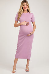 Lavender Puff Sleeve Knit Maternity Midi Dress