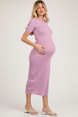 Lavender Puff Sleeve Knit Maternity Midi Dress