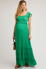 Green Smocked Crossover Off Shoulder Maternity Maxi Dress