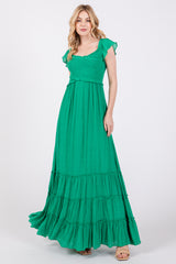 Green Smocked Crossover Off Shoulder Maternity Maxi Dress