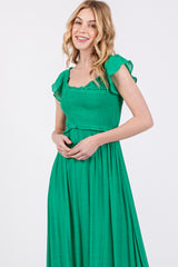 Green Smocked Crossover Off Shoulder Maxi Dress