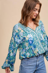 Emerald Teal Surplice Wrap Border Print Blouse