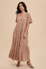 Mocha Button Detail Tiered Maxi Dress