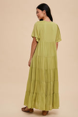 Green Button Detail Tiered Maxi Dress