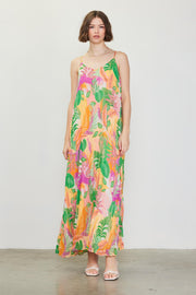 Green Multicolor Leaf Print Pleated Maxi Dress