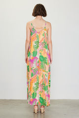 Green Multicolor Leaf Print Pleated Maxi Dress