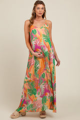 Green Multicolor Leaf Print Pleated Maternity Maxi Dress