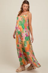 Green Multicolor Leaf Print Pleated Maternity Maxi Dress