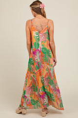 Green Multicolor Leaf Print Pleated Maternity Maxi Dress