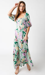 Light Green Floral Front Button Maternity Maxi Dress