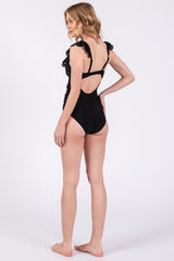 Black Lasercut Detail Ruffle Trim One Piece Swimsuit