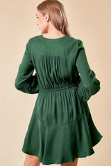 .Green Long Sleeve Henley Ruffle Mini Dress