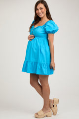 Aqua Puff Sleeve Ruffle Accent Maternity Mini Dress