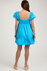 Aqua Puff Sleeve Ruffle Accent Maternity Mini Dress