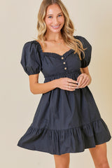 Black Puff Sleeve Ruffle Accent Maternity Mini Dress