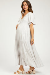 Grey Button Detail Tiered Maternity Maxi Dress