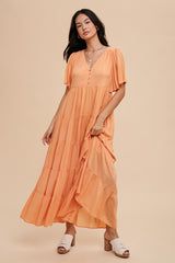 Orange Button Detail Tiered Maternity Maxi Dress