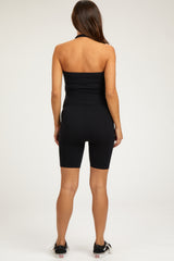 Black Ribbed Fitted Halter Maternity Romper