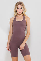 Brown Ribbed Fitted Halter Romper