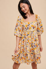 Cream Floral Print Puff Sleeve Dress