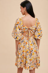 Cream Floral Print Puff Sleeve Dress