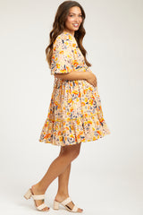 Cream Floral Print Puff Sleeve Maternity Dress