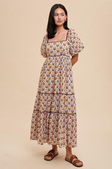 Brown Floral Print Puff Sleeve Maternity Maxi Dress