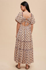 Brown Floral Print Puff Sleeve Maxi Dress