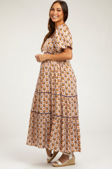 Brown Floral Print Puff Sleeve Maternity Maxi Dress