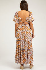 Brown Floral Print Puff Sleeve Maternity Maxi Dress