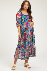 Navy Floral Half-Length Sleeve Tie Maternity Midi Dress