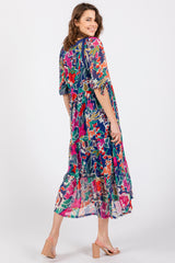 Navy Floral Half-Length Sleeve Tie Midi Dress