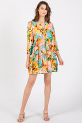 Beige Multicolor Floral 3/4 Length Sleeve Dress