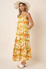 Orange Watercolor Print Satin Midi Dress