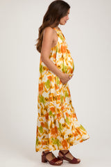 Orange Watercolor Print Satin Maternity Midi Dress