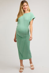 Sage Ribbed Short Sleeve Gathered Maternity Midi Dress