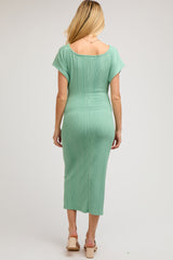 Sage Ribbed Short Sleeve Gathered Maternity Midi Dress