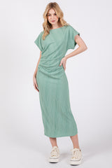 Sage Ribbed Short Sleeve Gathered Midi Dress