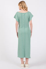 Sage Ribbed Short Sleeve Gathered Midi Dress